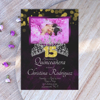 Schwarz, Gold, Violet Quinceanera Tiara Einladung