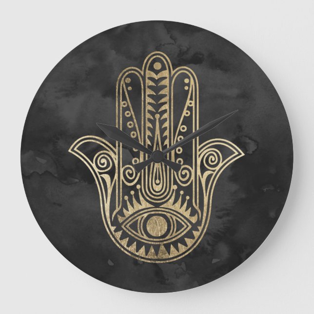 Schwarz-Gold Wasserfarbe Hamsa Hand von Fatima Große Wanduhr (Vorderseite)
