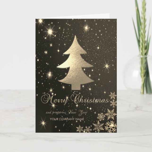 Schwarz, Gold Weihnachtsbaum, Schneeflocken, Corpo Feiertagskarte (Vorderseite)