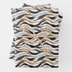 Schwarz / Gold / Weiße Abstrakte Linien Geschenkpapier Set