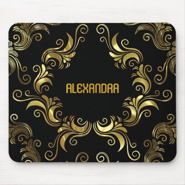 Schwarz-Gold-Wirbel - kundenspezifisches Monogramm Mousepad (Vorne)