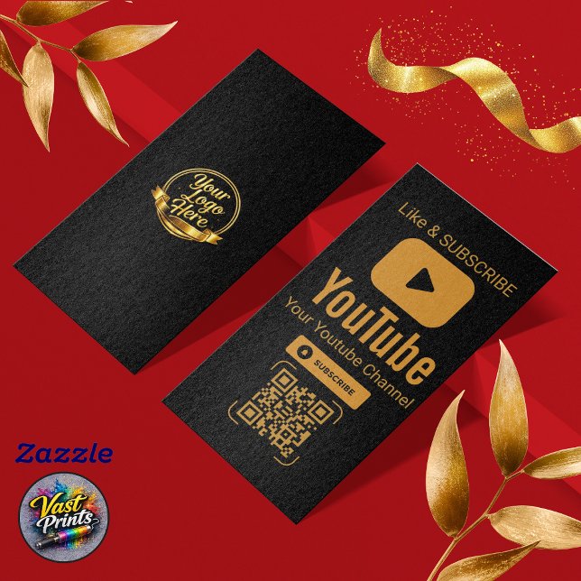 Schwarz-Gold-YouTube-Abonnieren-QR-Code Visitenkarte (Black Gold YouTube Subscribe QR Code Business Card)