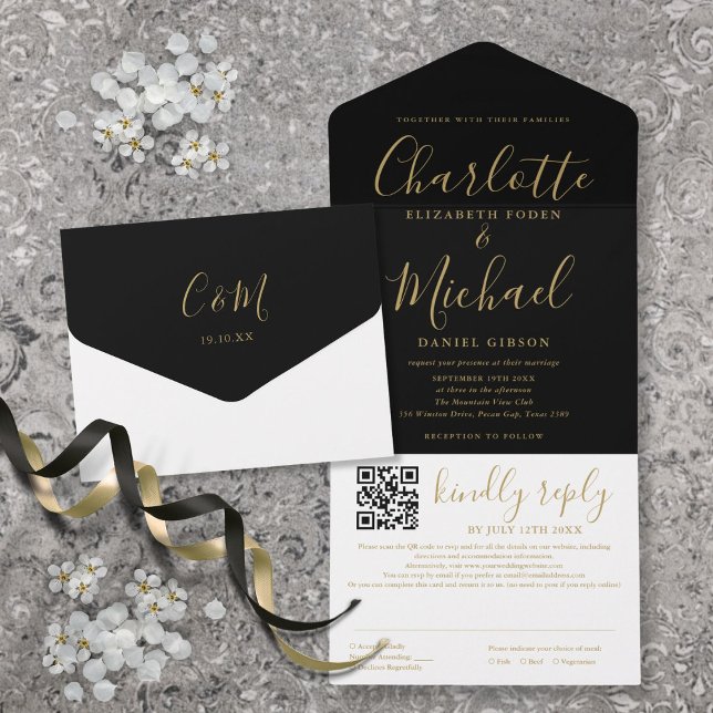 Schwarz-Gold-Zeitschrift QR Code Hochzeit All In One Einladung (Black And Gold Modern Script QR Code Wedding All In One Invitation)