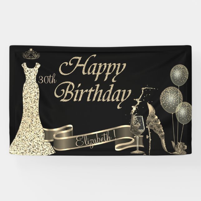 Schwarz, Goldballons, Glas, Absatz, Glitzer, Kleid Banner (Horizontal)