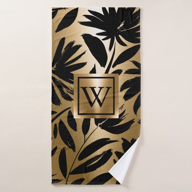 Schwarz-Golden Floral Brush Badhandtuch Set (Badehandtuch)