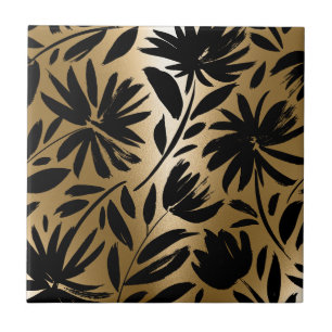 Schwarz-Golden Floral Brush Fliese