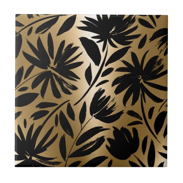 Schwarz-Golden Floral Brush Fliese (Vorderseite)