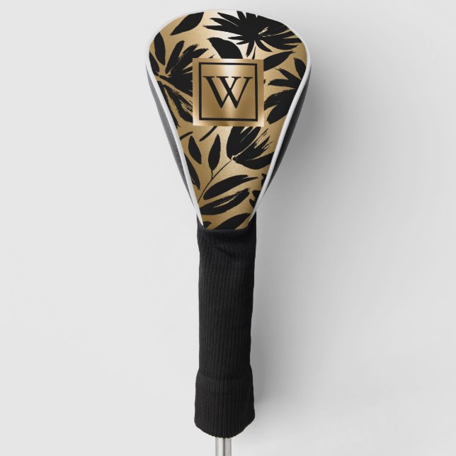 Schwarz-Golden Floral Brush Golf Headcover (Vorderseite)