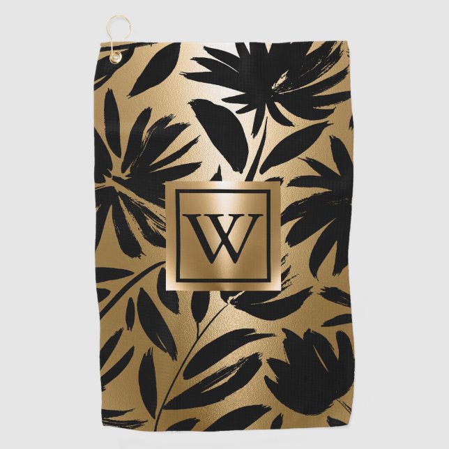 Schwarz-Golden Floral Brush Golfhandtuch (Vorderseite)
