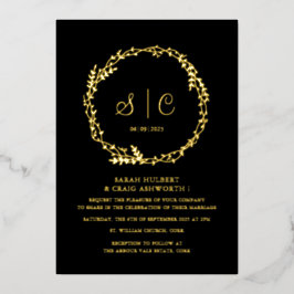 Schwarz-Golden Monogram Floral Botanicals Kranz Folieneinladung