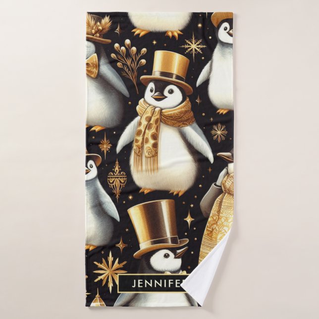 Schwarz-Golden-Pinguin Badehandtuch (Badehandtuch)