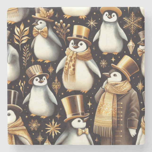Schwarz-Golden-Pinguin Steinuntersetzer (Vorderseite)
