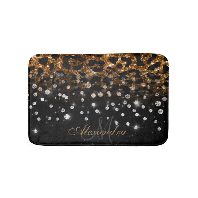 Schwarz/Golden Sparkle Leopard Print Badematte (Vorderseite)