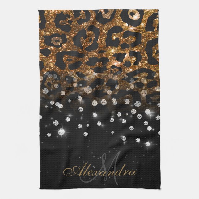 Schwarz/Golden Sparkle Leopard Print Geschirrtuch (Vertikal)