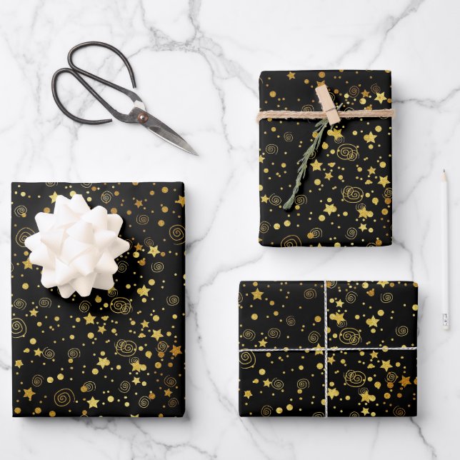 Schwarz & Golden Star-Muster Geschenkpapier Set (Vorderseite)