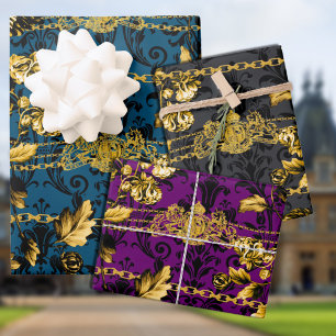 Schwarz-Goldene Akanthusblatt-Goldketten Luxus-Pos Geschenkpapier Set