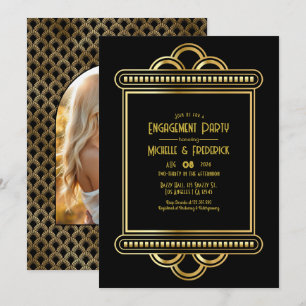Schwarz-goldene Art Deco-Goldene Verlobungsparty-F Einladung