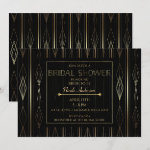 Schwarz-goldene Art Deco-Hochzeitsdusche Einladung