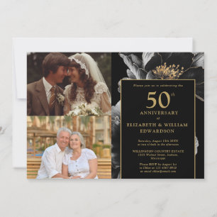 Schwarz-goldene Blumen zum 50. Hochzeitstag 2 Foto Einladung