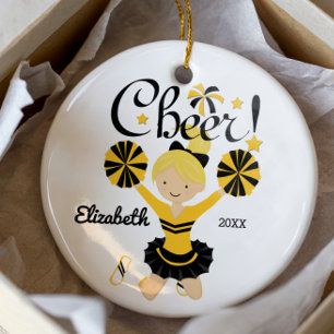 Schwarz-goldene Cheer Blondine Cheerleader-Figur Keramikornament