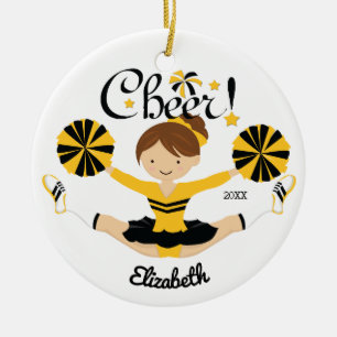 Schwarz-goldene Cheer Brunette Cheerleaderin Ornam Keramik Ornament