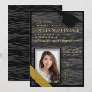 Schwarz-goldene College-Koffer-Party-Foto Einladung