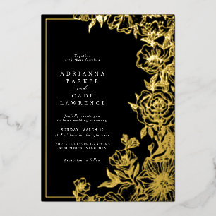 Schwarz-goldene Floral Formelle, düstere Hochzei Folieneinladung