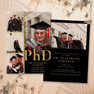 Schwarz-goldene Fotocollage PhD-Abschlussfeier Einladung