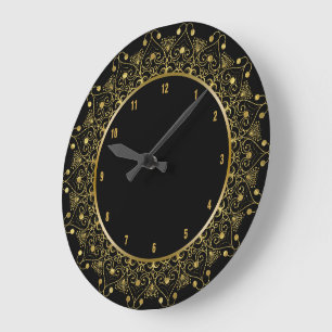 Schwarz-goldene Vintage-Blumen-Mandala Große Wanduhr