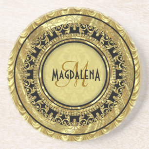 Schwarz-goldene Vintage-Blumendamasken-Monogramm Sandstein Untersetzer