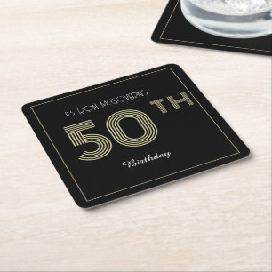 Schwarz-goldener 50. Geburtstag Retro-Streifen-Dru Rechteckiger Pappuntersetzer