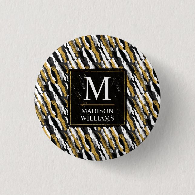 Schwarz-goldener Glitter Weiß Tier Zebra-Muster Button (Vorderseite)