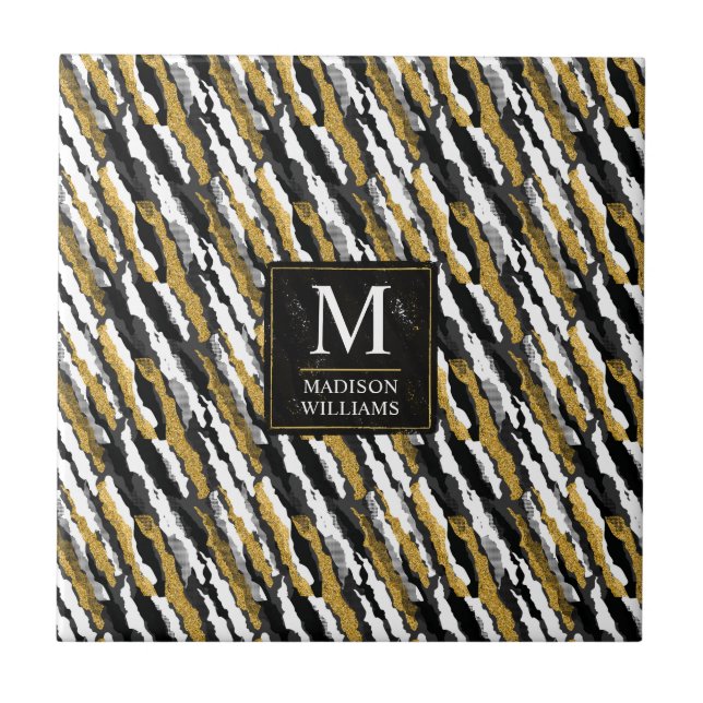 Schwarz-goldener Glitter Weiß Tier Zebra-Muster Fliese (Vorderseite)