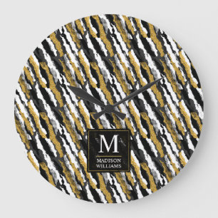 Schwarz-goldener Glitter Weiß Tier Zebra-Muster Große Wanduhr