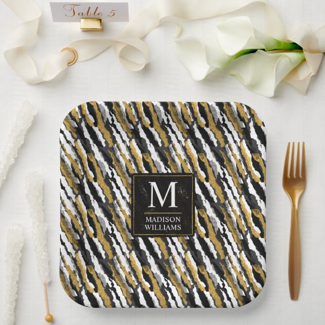 Schwarz-goldener Glitter Weiß Tier Zebra-Muster Pappteller (Hochzeit)