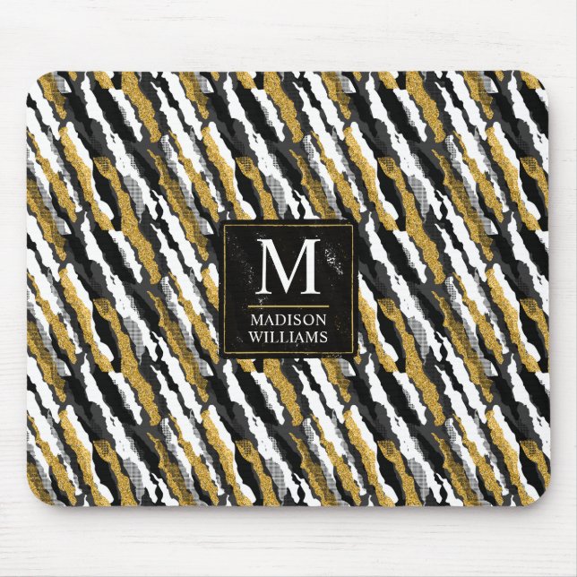 Schwarz-goldener Glitter Weiß Tier Zebramuster Mousepad (Vorne)