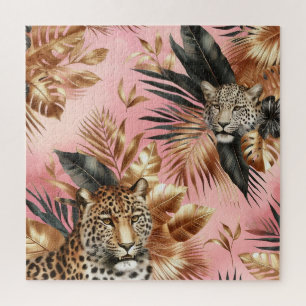 Schwarz-goldener Leopard vor rosa Hintergrund Puzzle