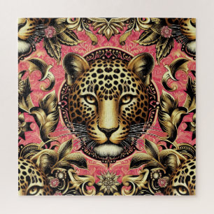 Schwarz-goldener Leopard vor rosa Hintergrund Puzzle