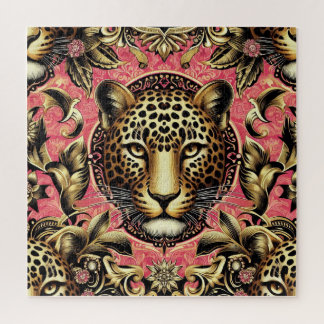 Schwarz-goldener Leopard vor rosa Hintergrund Puzzle