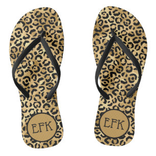 Schwarz-goldener Leopardenprint-Tierdruck-Monogram Flip Flops