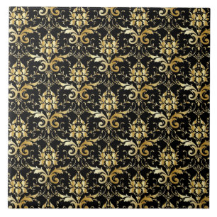 Schwarz-goldenes Damastmuster Fliese