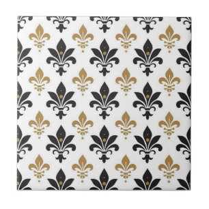 Schwarz-goldenes Fleur-de-Lis-Muster Fliese
