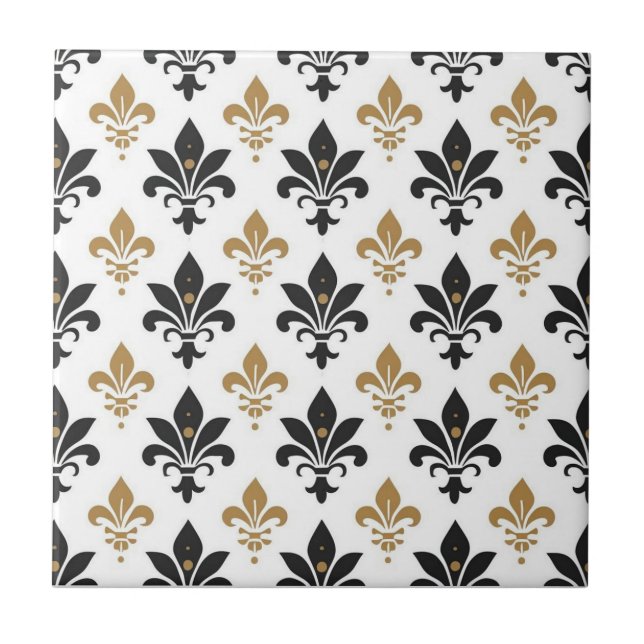 Schwarz-goldenes Fleur-de-Lis-Muster Fliese (Vorderseite)