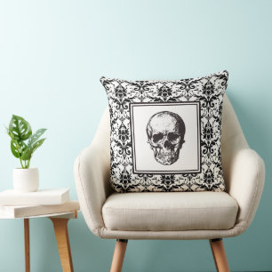 Schwarz-Gothic Damask Muster Skull Halloween Kissen