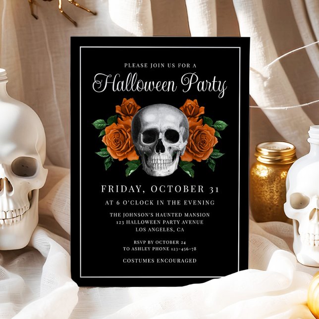 Schwarz-Gotik-Bläschen-Halloween-Einladung Einladung (Black Gothic Floral Skull Halloween Invitation)
