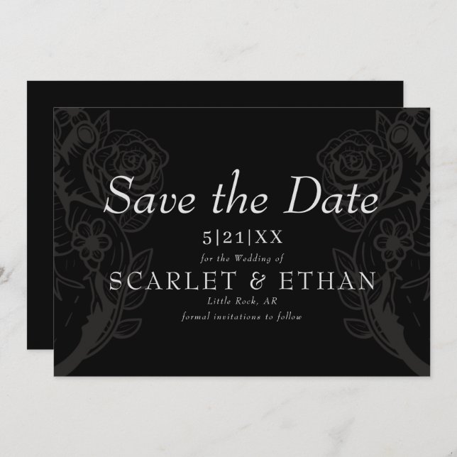Schwarz-Gotisches Blumenherz Moderne Hochzeit Save The Date (Vorne/Hinten)