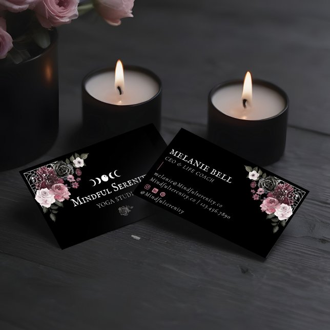 Schwarz-Gotisches Wasserfarben Flora Holistische W Visitenkarte (Black Gothic Watercolor Floral Holistic Wellness Business Card)