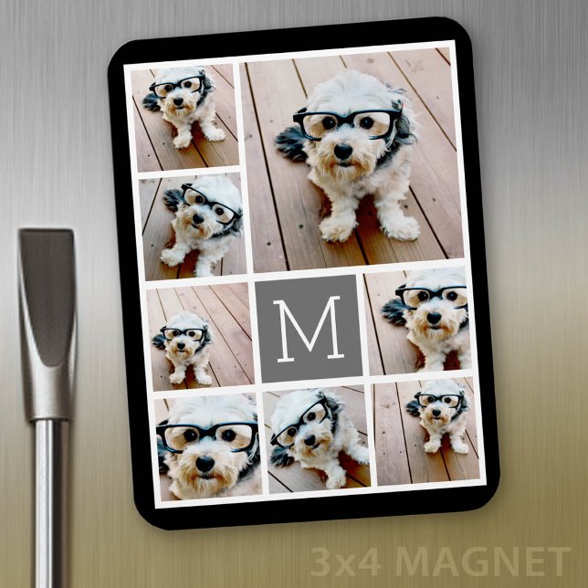 Schwarz-Grau-8-FotoCollage - mit Monogramm Magnet (Personalized fridge magnet - add photos and custom text)