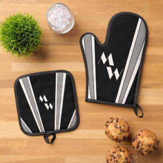 Schwarz-Grau-Art-Deco-Design Mit Monogramm Ofenhandschuh & Topflappen-Set
