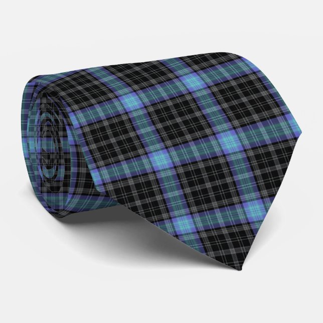 Schwarz-Grau-Blaue Tartan Kariert Krawatte (Gerollt)